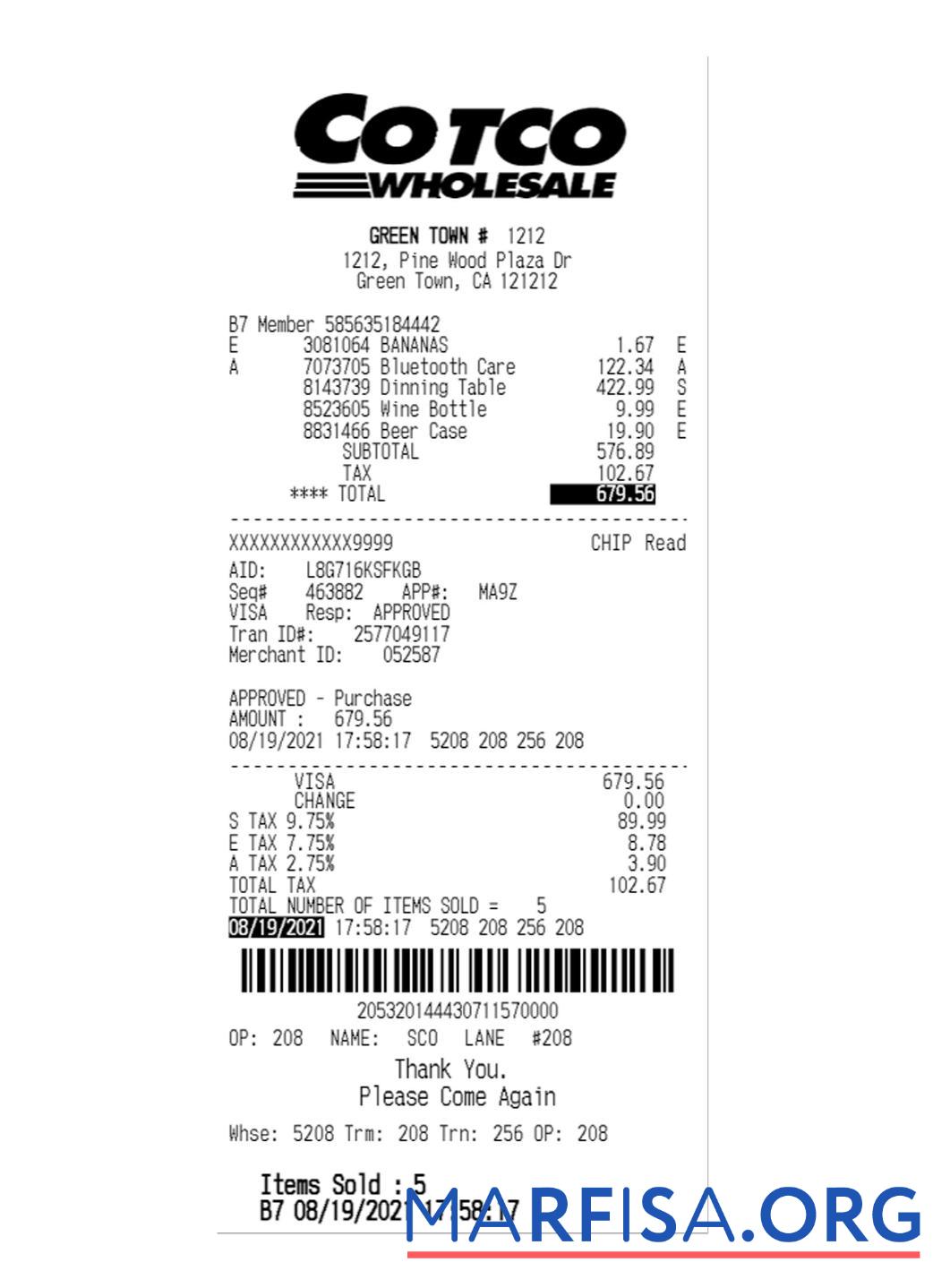 Blank COTCO WHOLESALE payment receipt sample